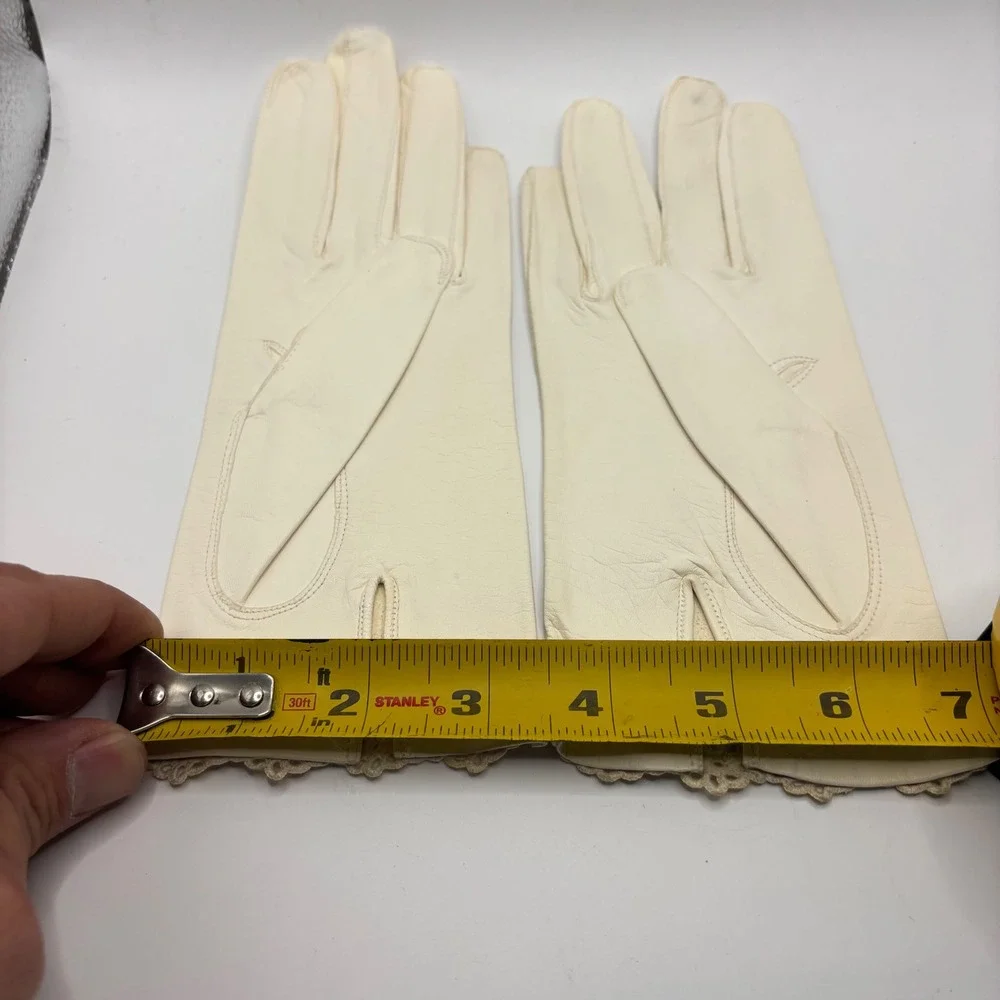 Vintage Guanti di Lusso Italian Capretto Leather‎ Gloves White Lace Trim Size 8